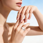 Close-up of a woman's hand wearing a silver ring with a clear blue sky background