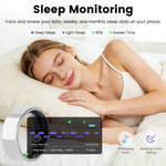 Woman sleeping with a sleep monitoring device on her nightstand, showing sleep data on a screen.