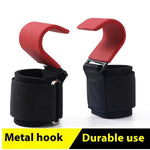Red metal hook with black strap on a white background