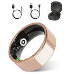 Smart ring with charging cables and case on a white background