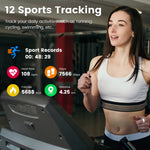 Woman on a treadmill with fitness tracking app interface showing sports records.