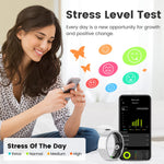 Woman using a smartphone with a stress level test app displayed on the screen.