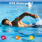 Man swimming in the ocean with text about IP68 waterproof rating and icons for various activities.