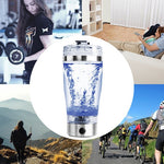 Collage of a person exercising, a couple relaxing, and people cycling with a close-up of a glowing blue water bottle.