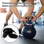 Person lifting a kettlebell with gloves for protection, inset showing gloves with cushioned palm.