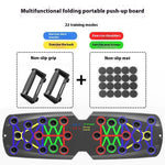 Multifunctional folding portable push-up board with training modes and design features on a white background.
