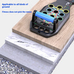 Fitness equipment on a wooden and stone surface with text about ground applicability.