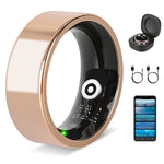 Smart ring with control panel, charging cable, and smartphone app interface on a white background