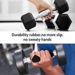 Person holding a pair of dumbbells with text highlighting durability and slip resistance.