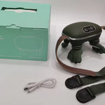 Green electronic device with straps and packaging on a white background