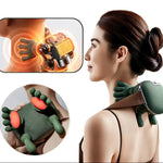 Neck shoulder massager being used on a person with close-up insets showing its design.