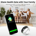 Smart device with app interface on screen, family in living room, and text about sharing health data.