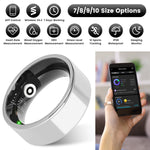 Smart ring with app control, health monitoring features, and size options displayed.