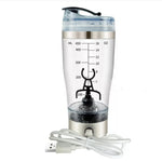 Shaker bottle with measurement markings and USB cable on a white background