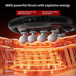 Illustration of a device with text about powerful thrust and energy, showing muscle layers and red light penetration.