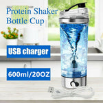 Protein shaker bottle with USB charger on a kitchen counter
