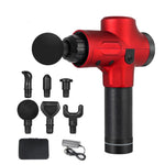Red and black massage gun with attachments on a white background