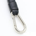 Black and silver carabiner on a white background