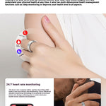 Smart ring with health monitoring features, shown on a wrist and close-up, with text about 24-hour health monitoring.