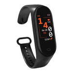 Black smartwatch with digital display on a white background