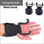 Hand wearing a black wrist support with metal hook attached, used for pull-up bar, on a white background.