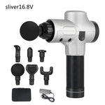 Massage gun with attachments on a white background, labeled 'sliver16.8V'.
