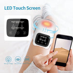 Handheld device with LED touch screen, red light therapy, hot compress, and vibration massage functions.