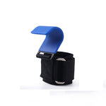 Black wrist support with blue clip on a white background