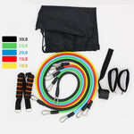 Resistance band set with various bands and accessories on a white background