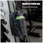 Black magnetic fitness bag holding a green water bottle on a gym machine.