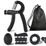 Black hand gripper and wrist exerciser set with accessories on a white background