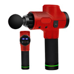 Red and black massage gun with digital display on a white background