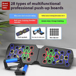 Multifunctional professional push-up boards with color-coded zones and accessories on a gray background.
