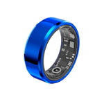 Blue smart ring with electronic components on a white background