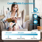 Woman using a handheld massager with text highlighting features and temperature settings.