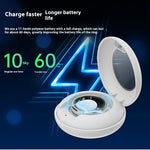 White electronic device with a blue light on a dark background, featuring text about battery life and charging time.