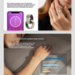 Smart device with app interface and close-up of a hand wearing a ring, emphasizing blood oxygen monitoring and sleep tracking.