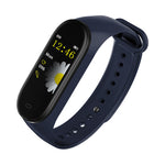 Navy blue fitness tracker with digital display on a white background