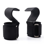 Pair of black wrist straps with metal hooks on a white background