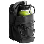 Black tactical pouch with a green water bottle inside on a dark background